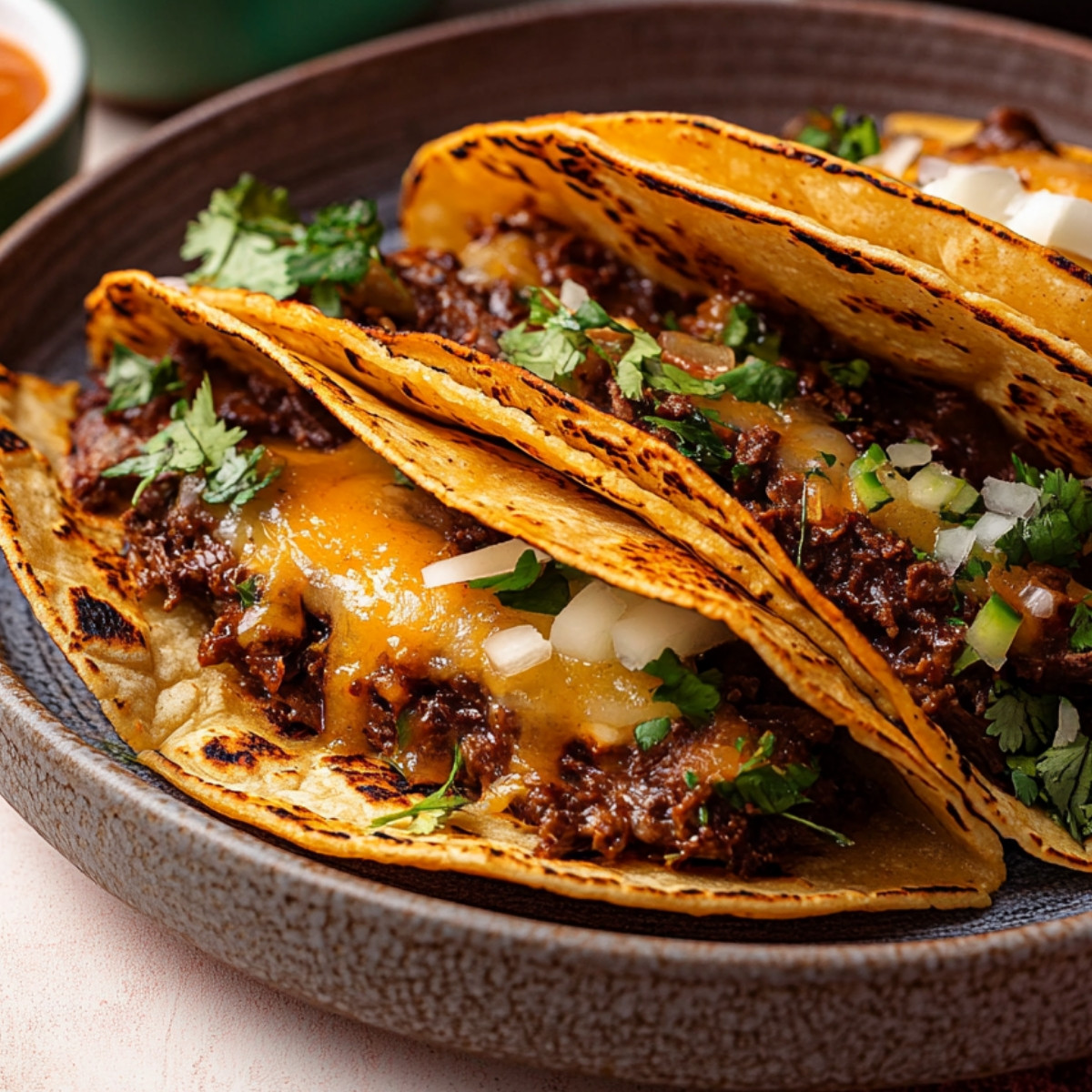 Beef Birria Queso Tacos with Consomé