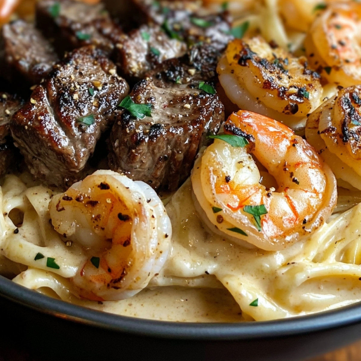 Cajun Shrimp and Steak Alfredo Pasta