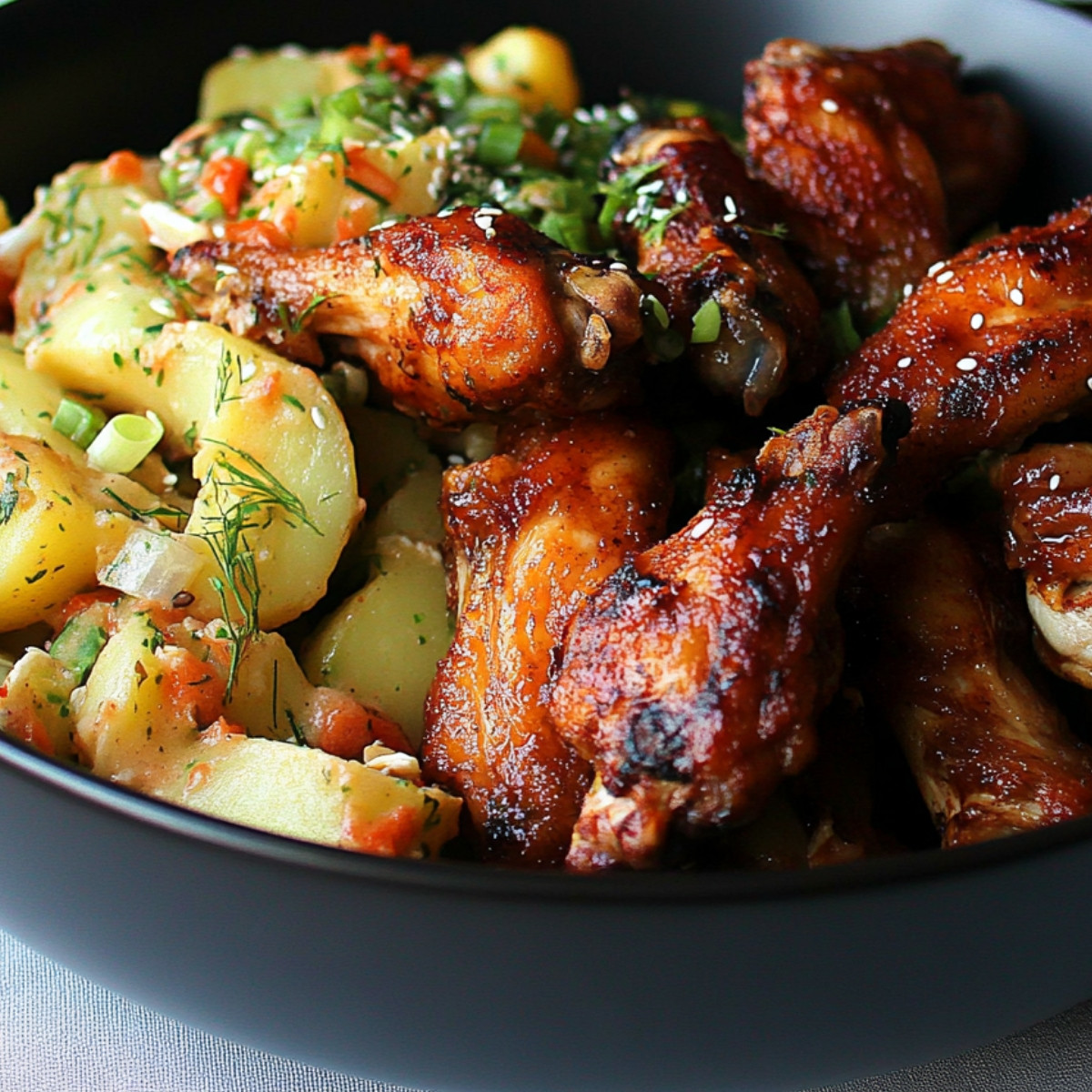 Chicken Wings and Potato Salad with a Veggie Twist