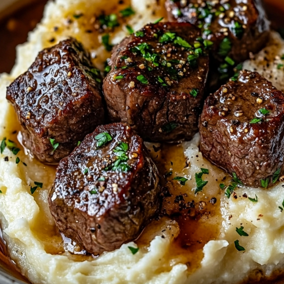 Garlic Butter Steak Bites & Creamy Mash