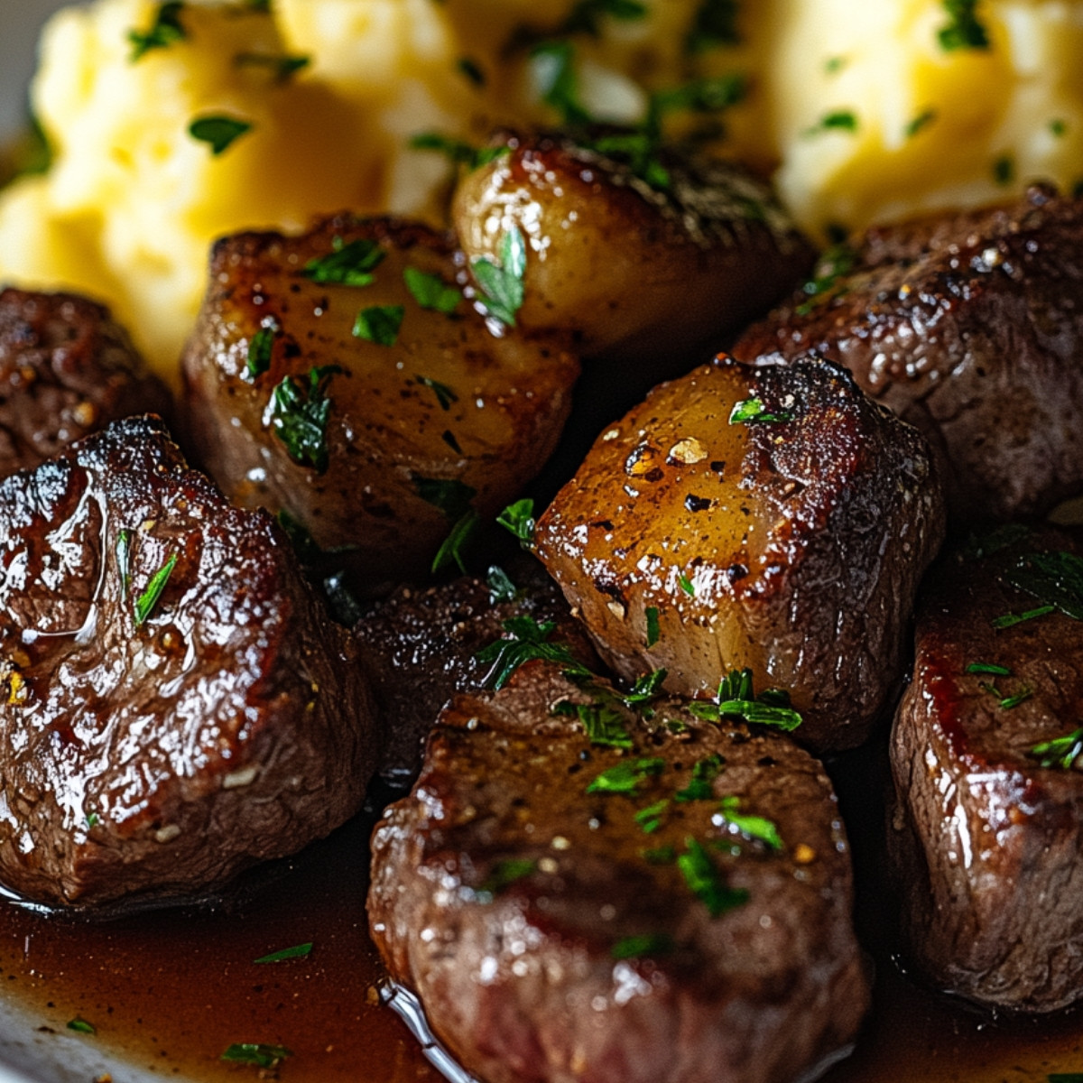 Garlic Butter Steak Bites and Cheesy Smashed Potatoes