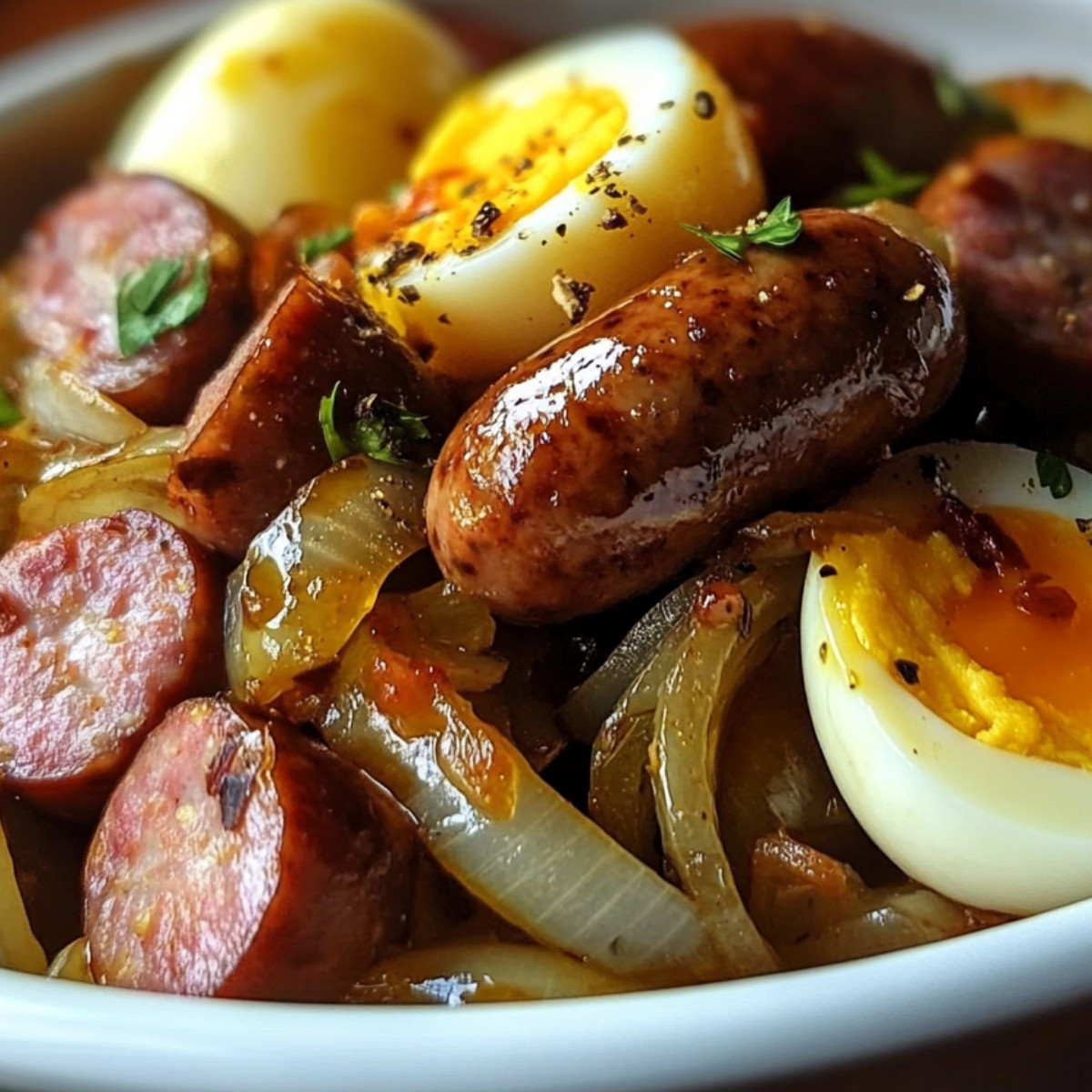 Pickled Eggs, Sausage & Onions