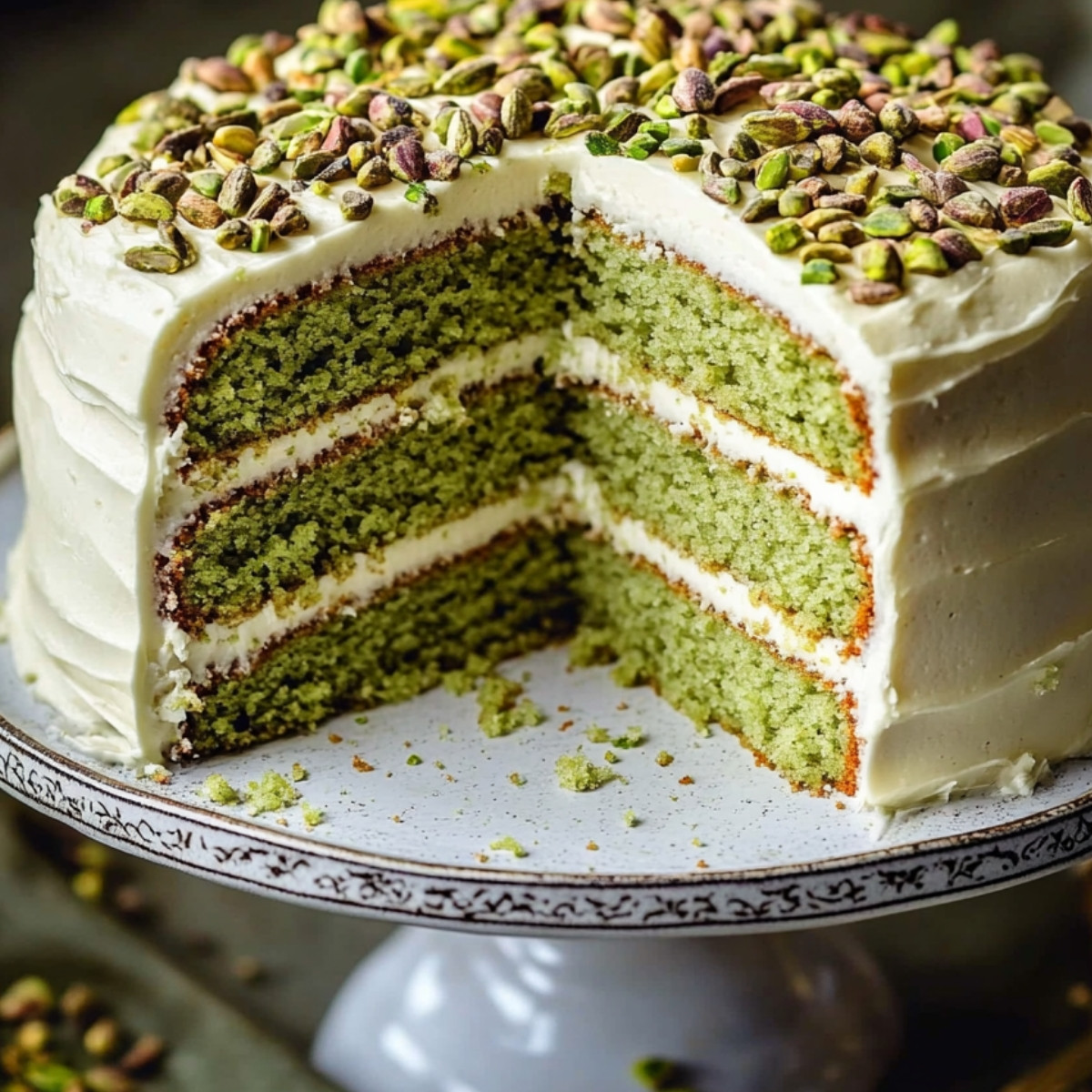 Pistachio Cake topped with Cream Cheese Frosting