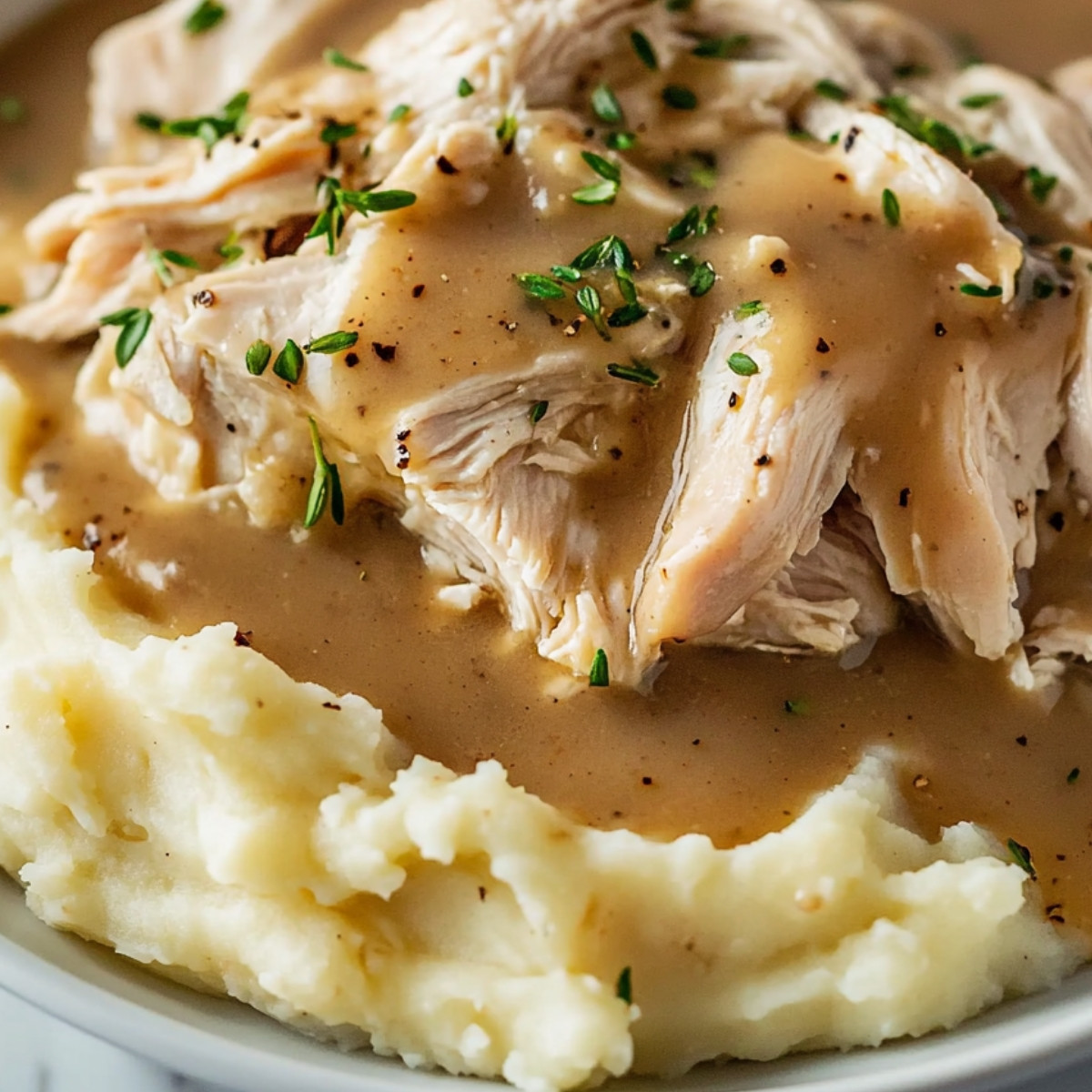 Savory Shredded Chicken with Creamy Gravy over Mashed Potatoes