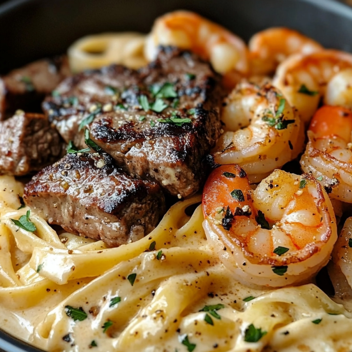 Cajun Shrimp and Steak Alfredo Pasta