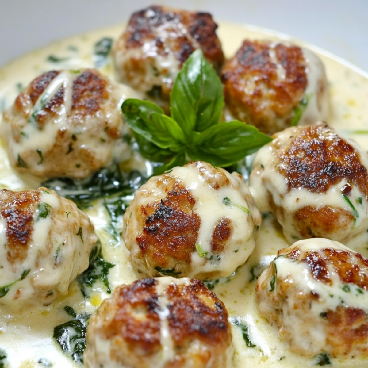 Chicken Ricotta Meatballs with Spinach Alfredo Sauce