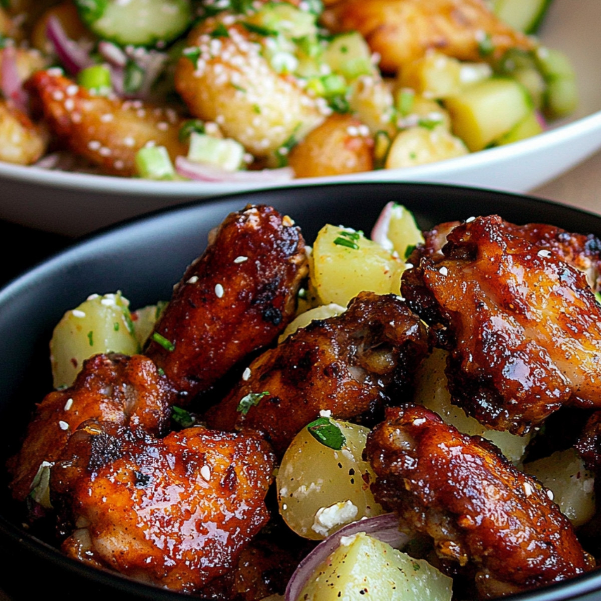 Chicken Wings and Potato Salad with a Veggie Twist