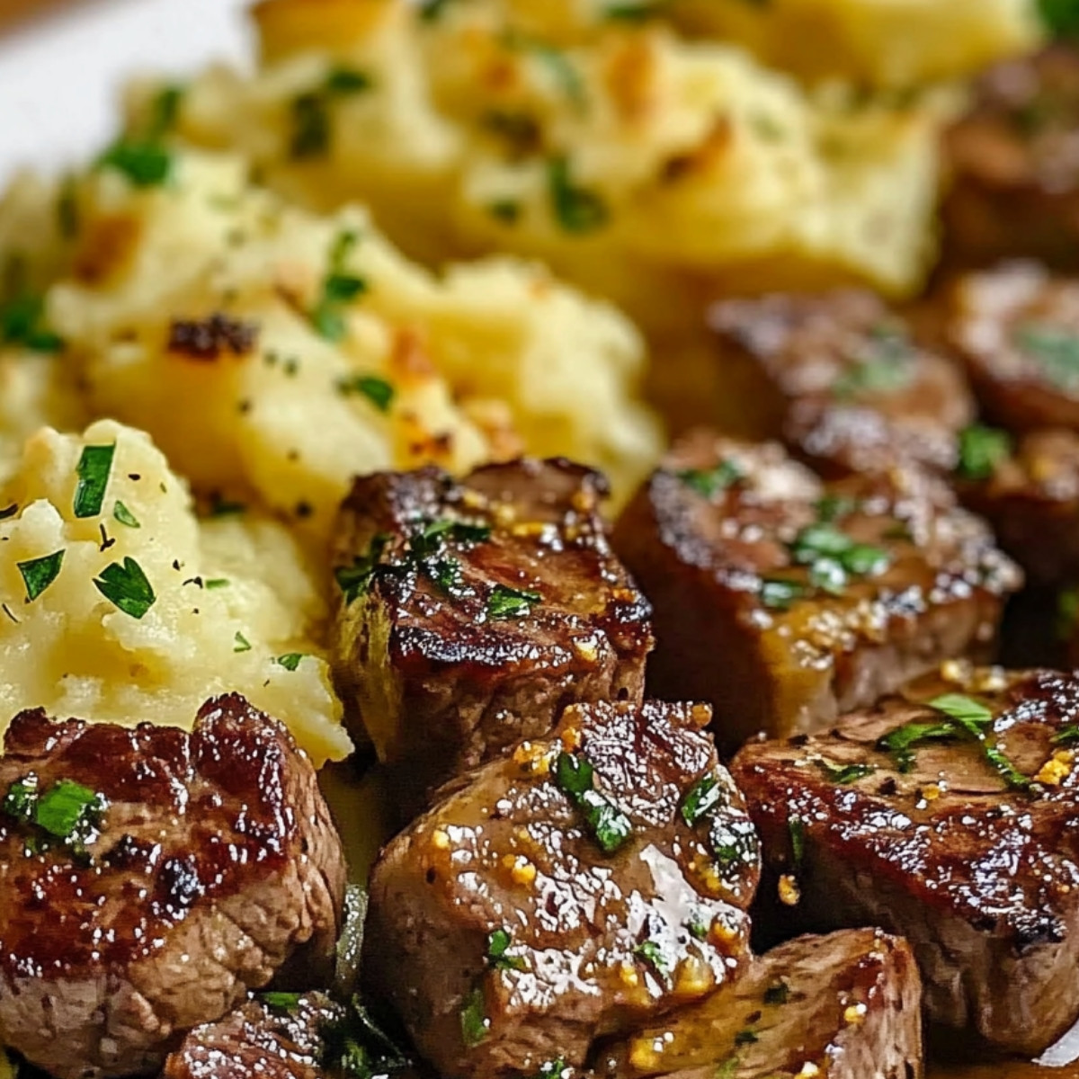 Garlic Butter Steak Bites & Cheesy Smashed Potatoes