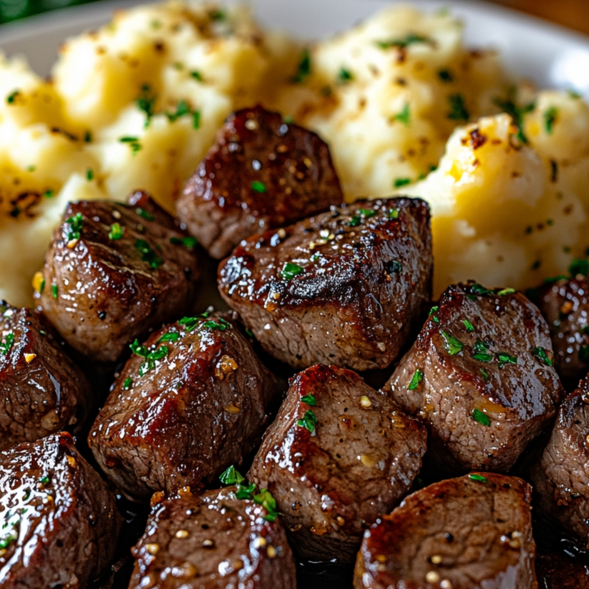 Garlic Butter Steak Bites and Cheesy Smashed Potatoes