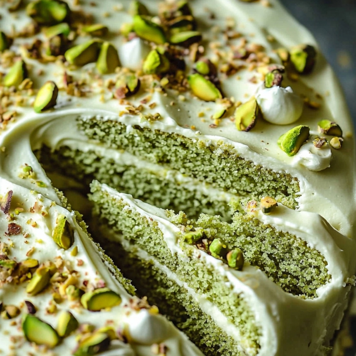 Pistachio Cake topped with Cream Cheese Frosting