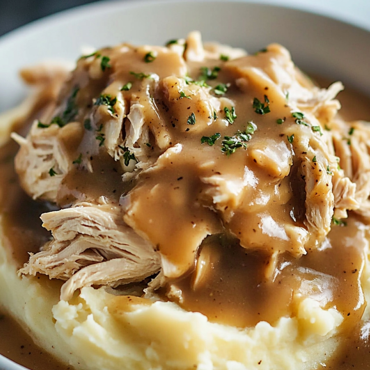 Savory Shredded Chicken with Creamy Gravy over Mashed Potatoes