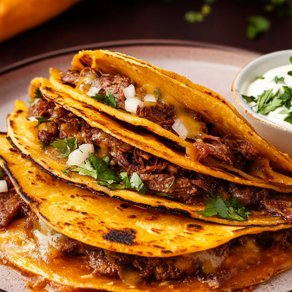 Beef Birria Queso Tacos with Consomé