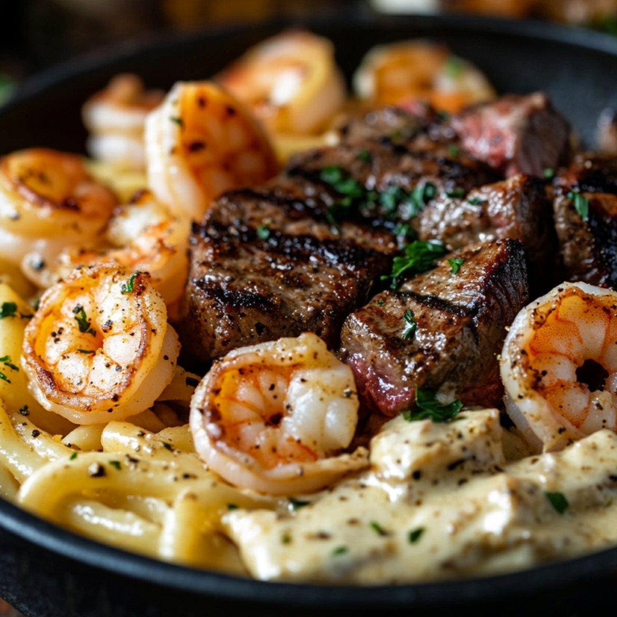 Cajun Shrimp and Steak Alfredo Pasta