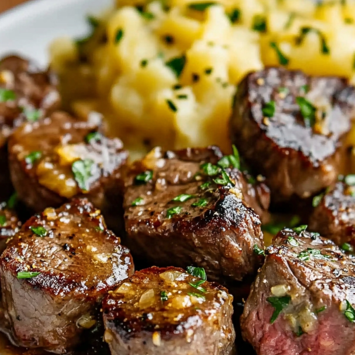 Garlic Butter Steak Bites & Cheesy Smashed Potatoes