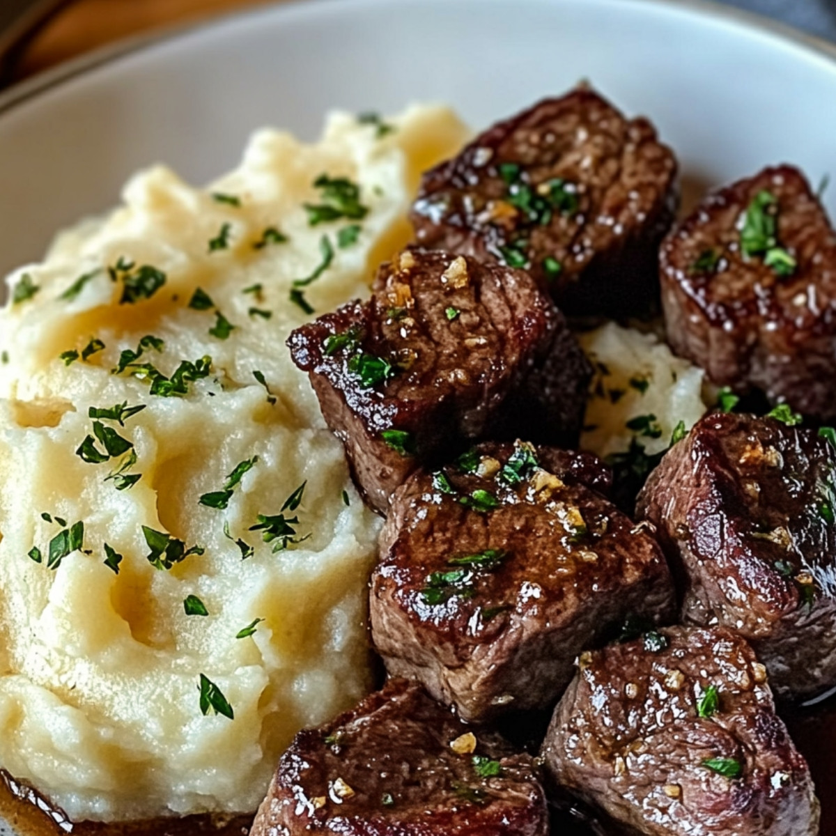 Garlic Butter Steak Bites & Creamy Mash