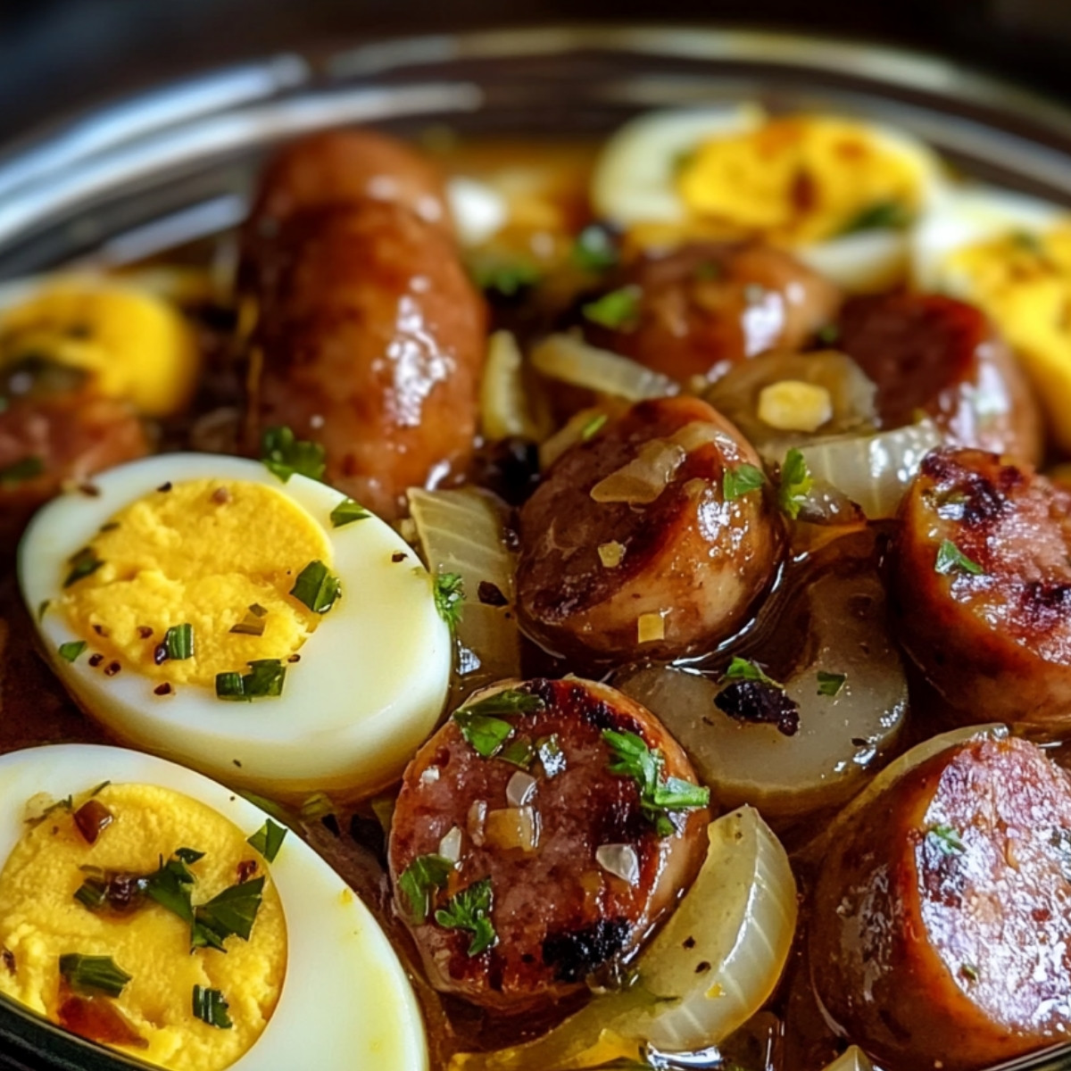 Pickled Eggs, Sausage & Onions