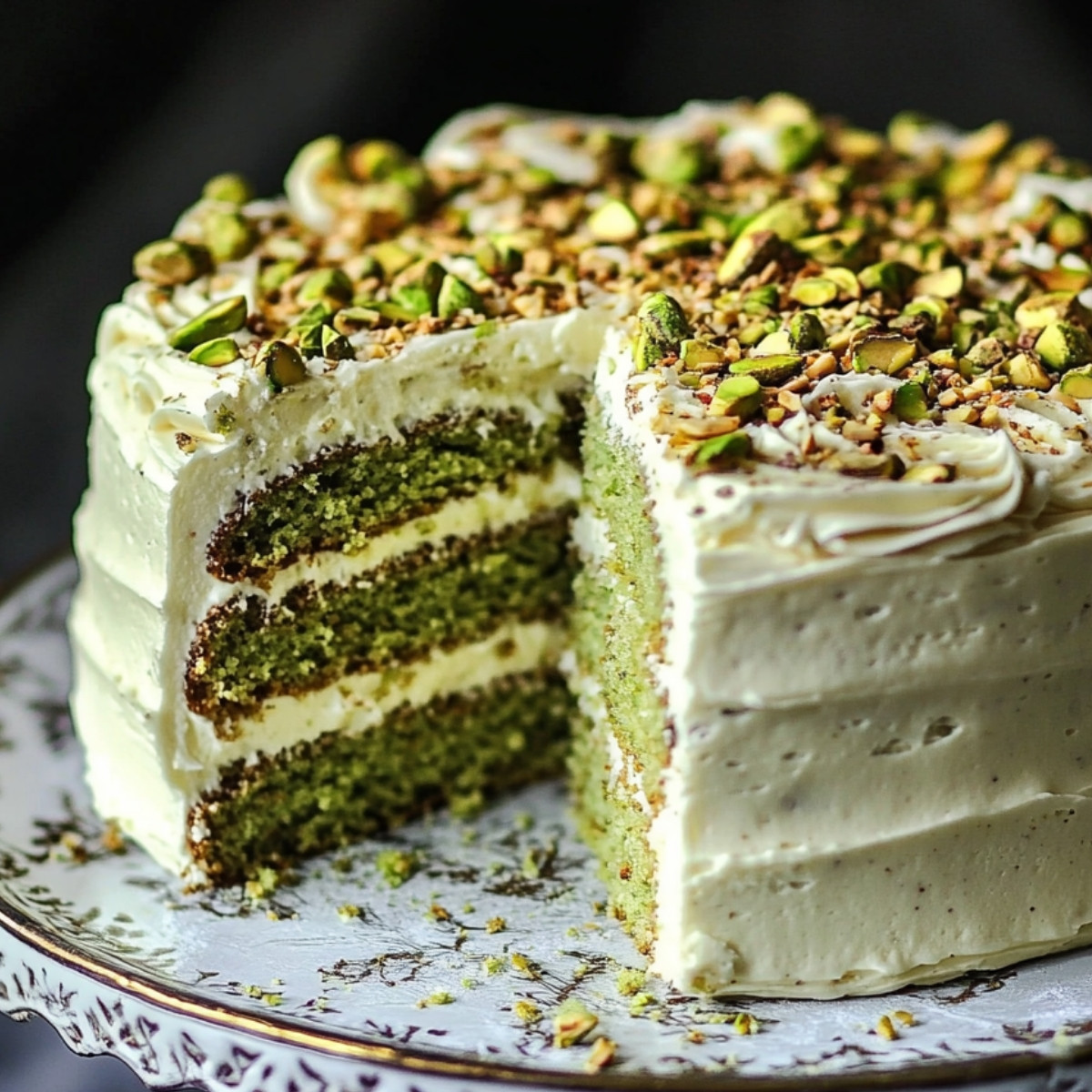 Pistachio Cake topped with Cream Cheese Frosting