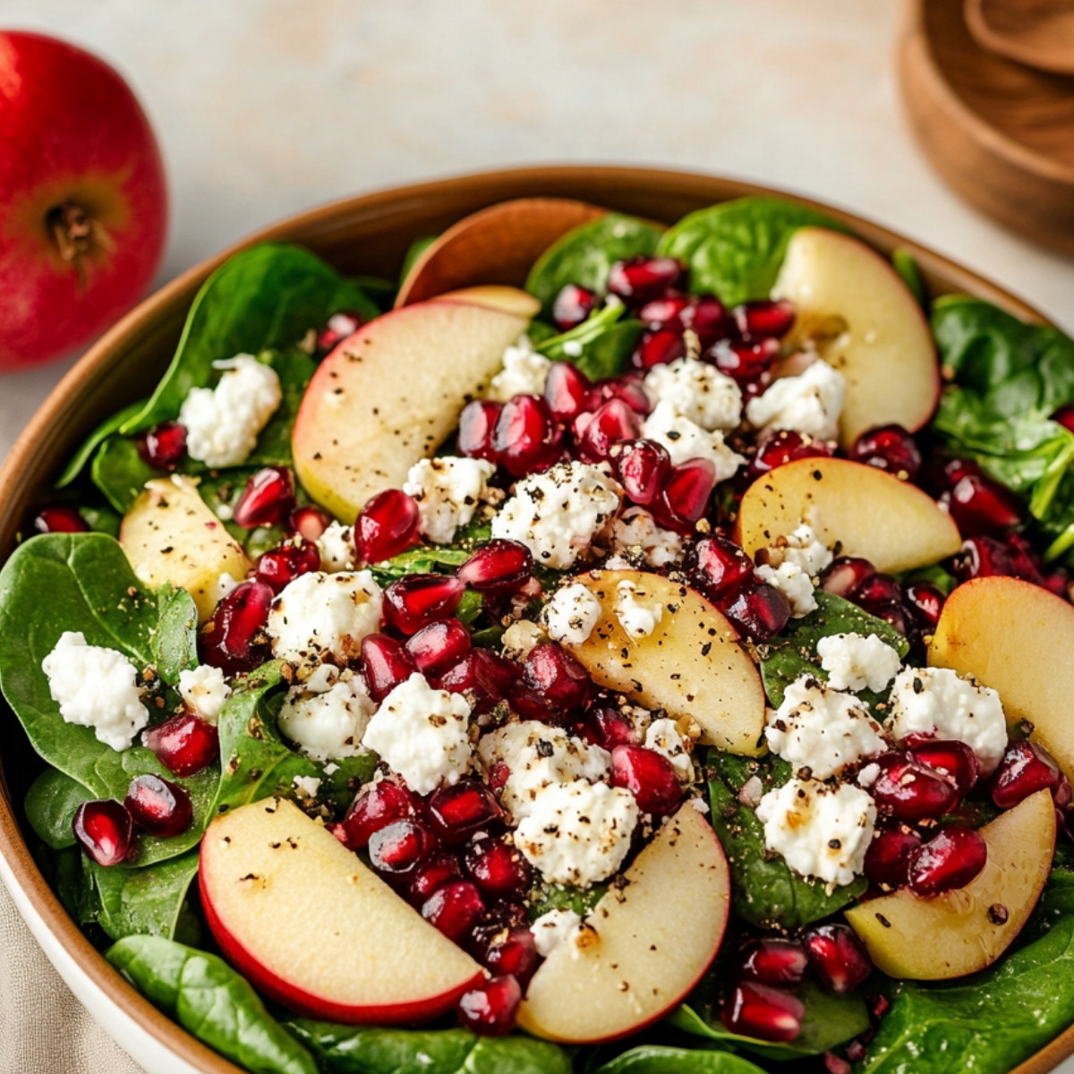 Pomegranate Spinach Salad with Apples & Goat Cheese