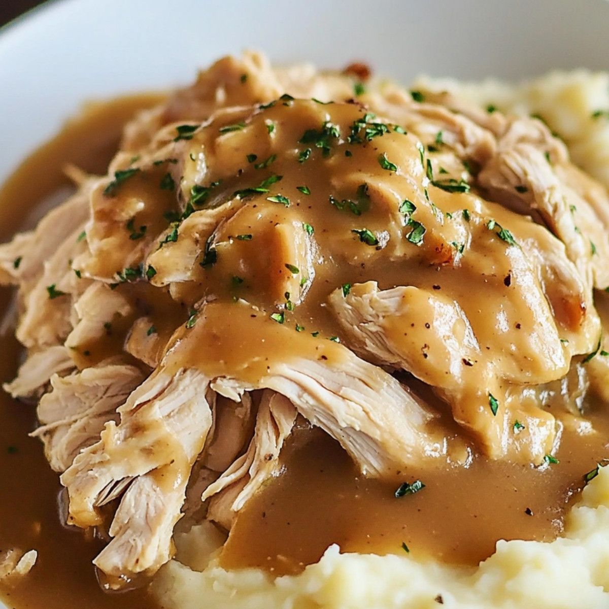 Savory Shredded Chicken with Creamy Gravy over Mashed Potatoes