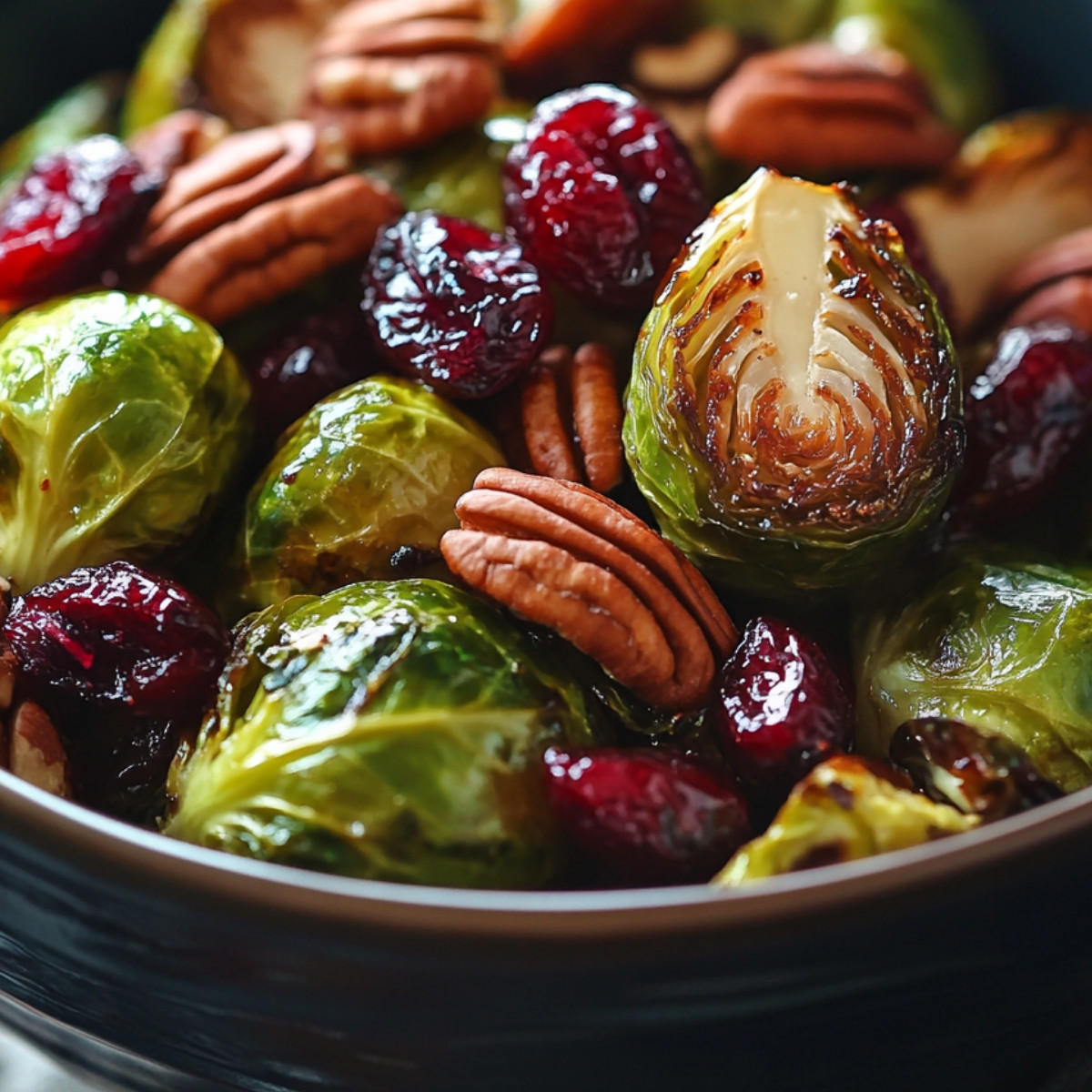 Balsamic Roasted Brussels Sprouts with Cranberries and Pecans