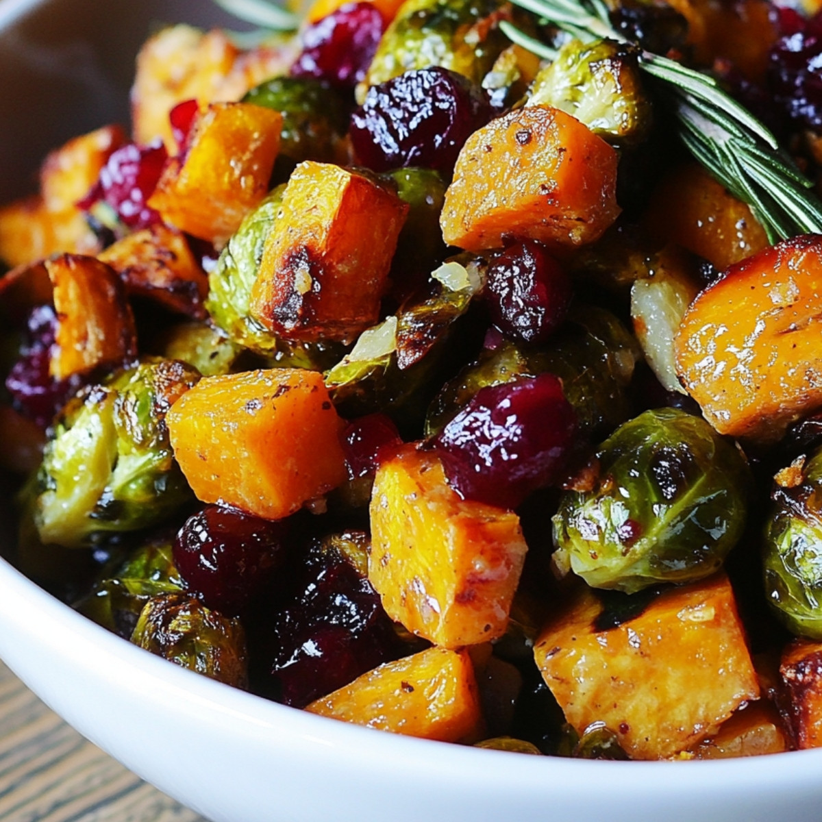 Cranberry-Glazed Roasted Butternut Squash, Brussels Sprouts, and Sweet Potato Salad