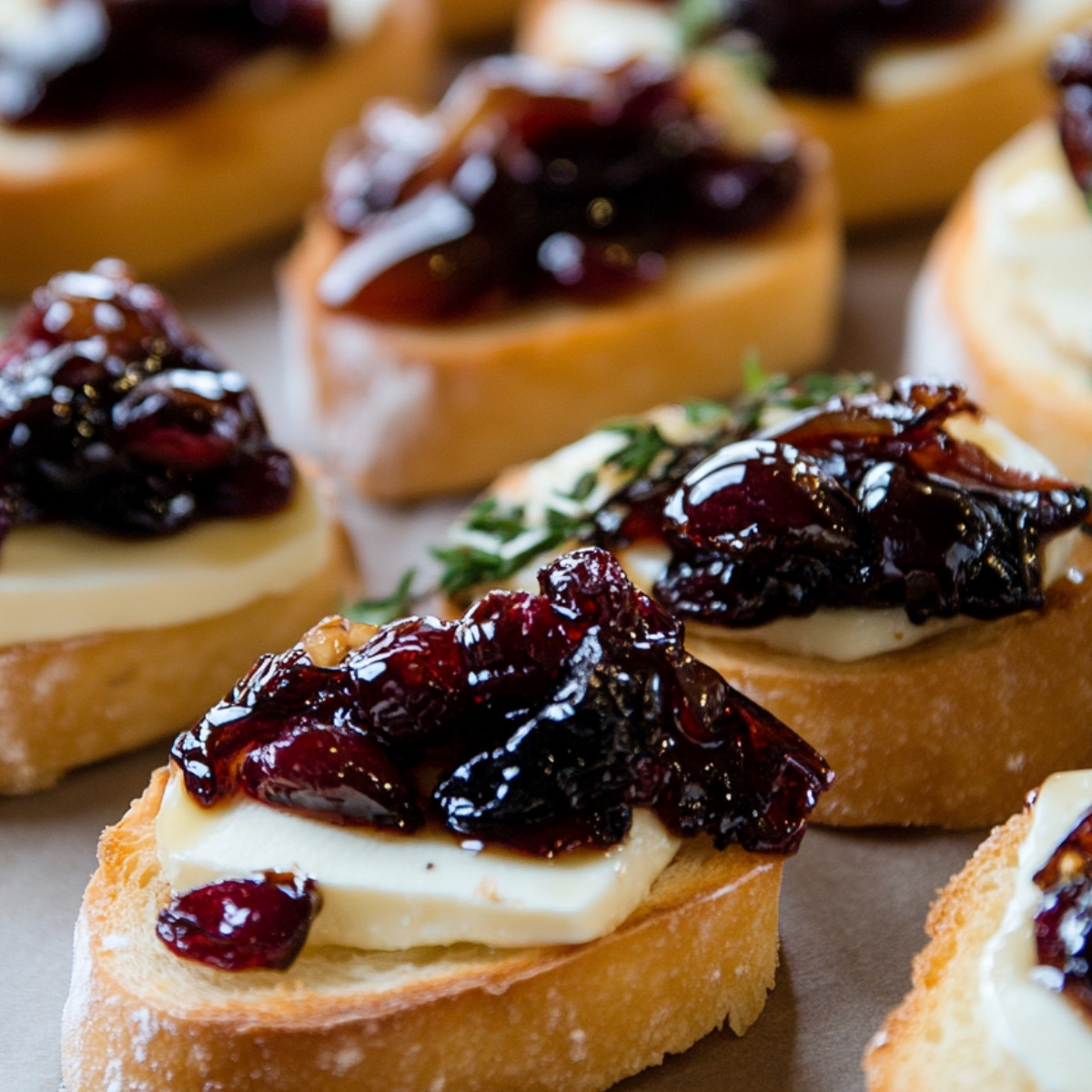 Crispy Crostini with Balsamic Roasted Cranberries and Creamy Brie