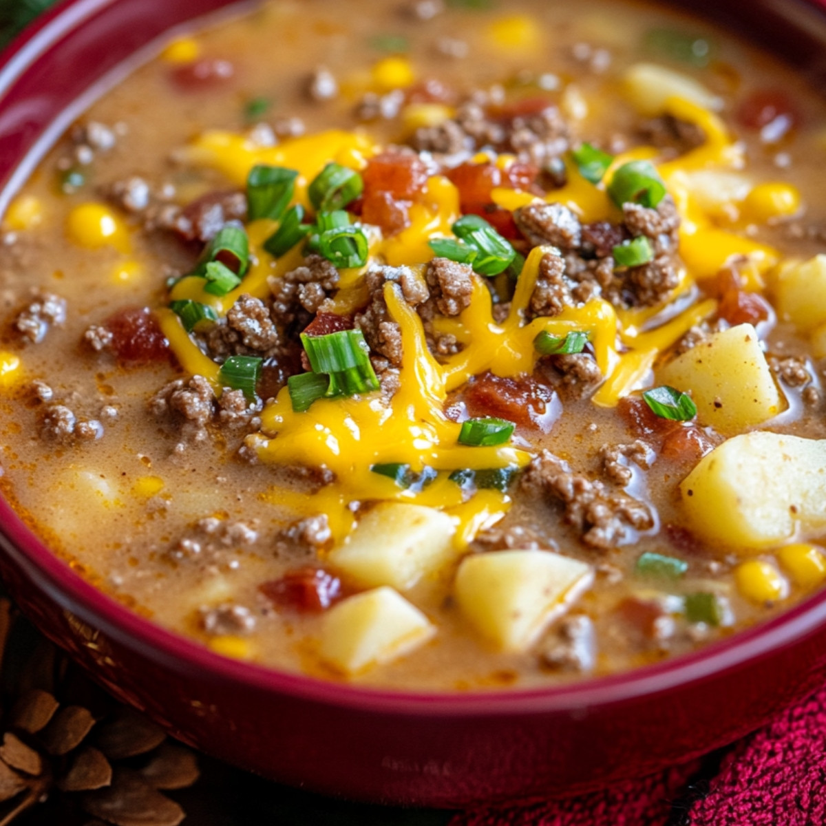 Slow Cooker Cheesy Burger Flavored Soup