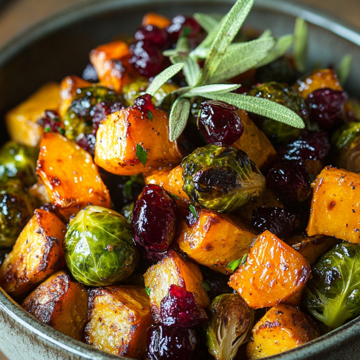 Cranberry-Glazed Roasted Butternut Squash, Brussels Sprouts, and Sweet Potato Salad