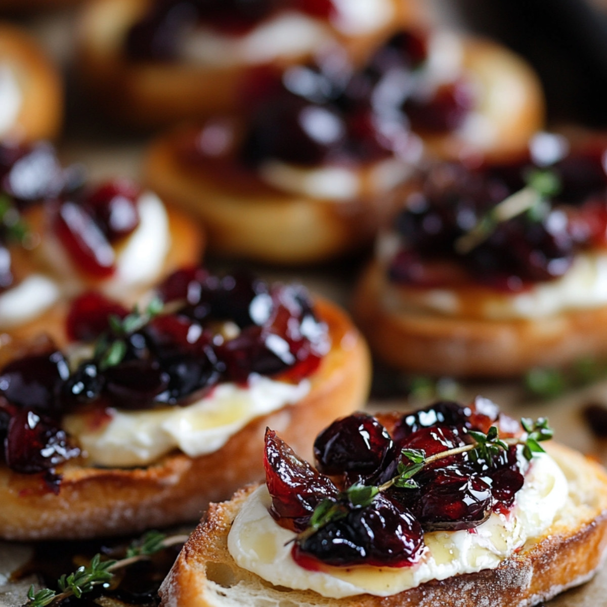 Crispy Crostini with Balsamic Roasted Cranberries and Creamy Brie