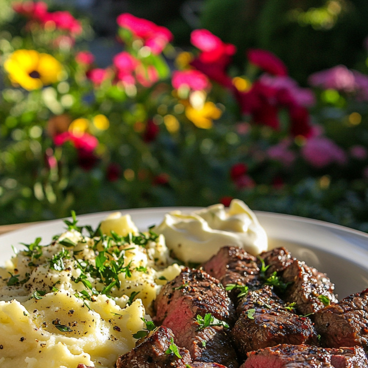 Garlic Butter Steak Bites and Mash