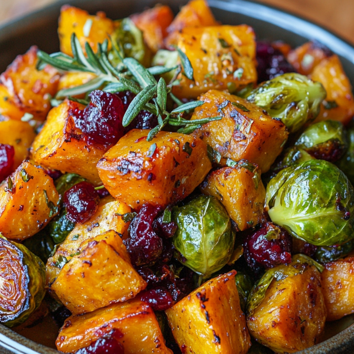 Cranberry-Glazed Roasted Butternut Squash, Brussels Sprouts, and Sweet Potato Salad