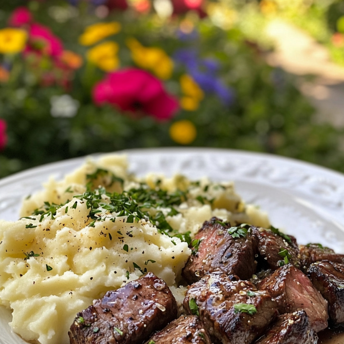 Garlic Butter Steak Bites and Mash