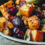 Cranberry-Glazed Roasted Butternut Squash Brussels Sprouts and Sweet Potato Salad