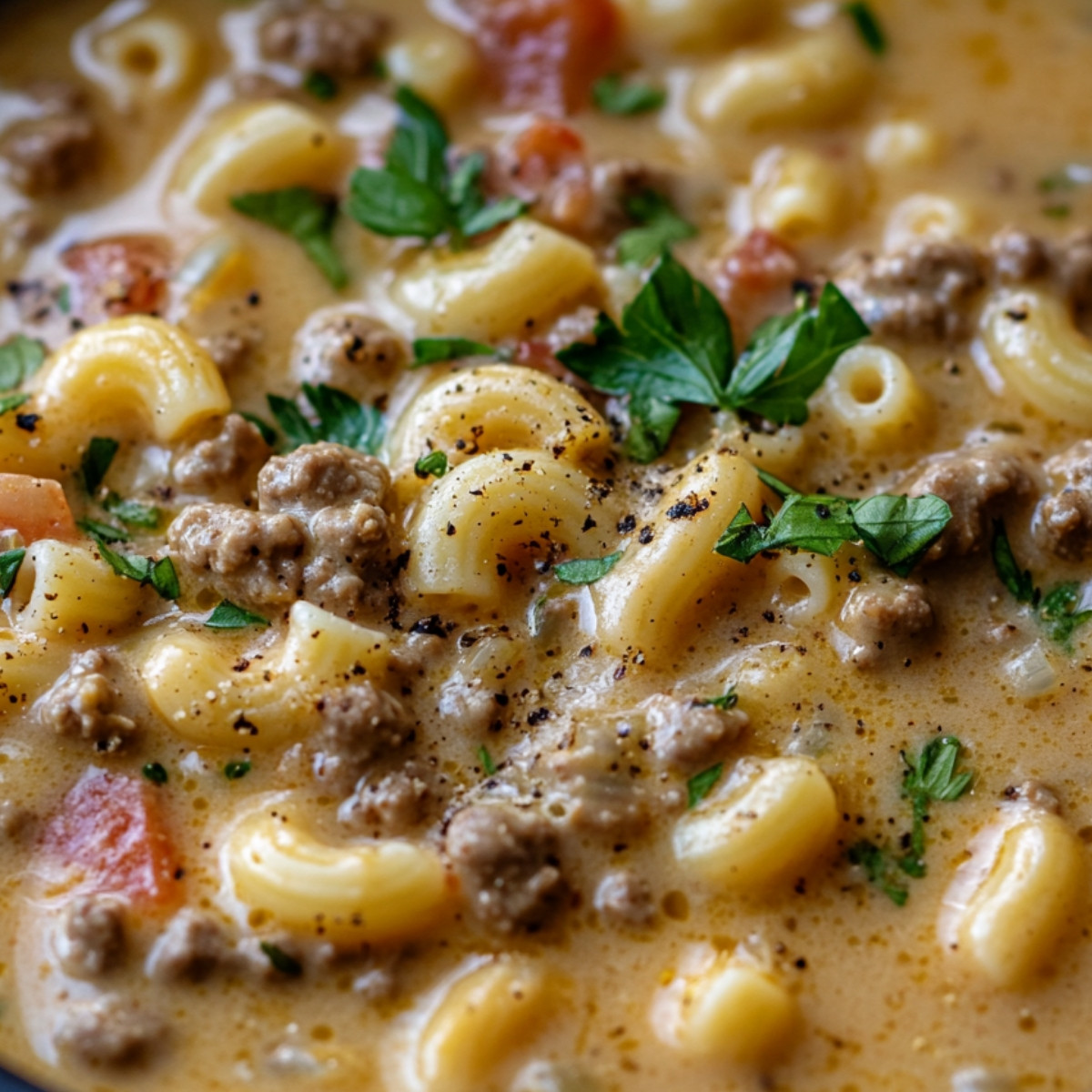 One Pot Macaroni Cheeseburger Soup