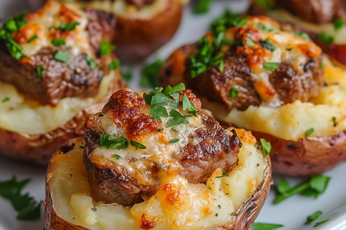 Hearty Steak Bites on Loaded Baked Potatoes