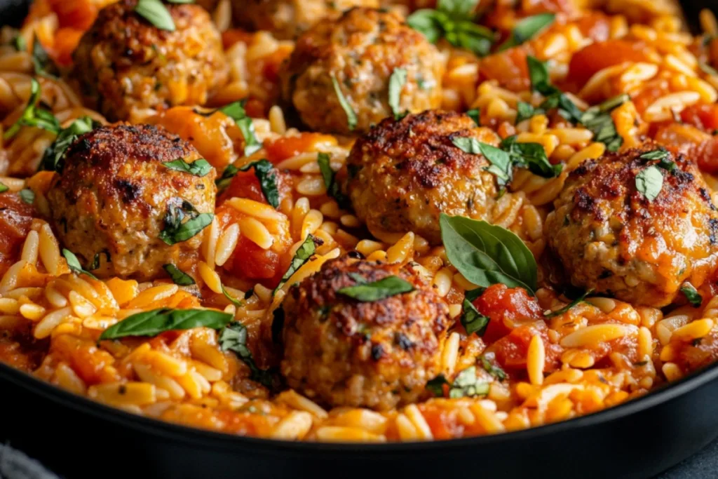 One Pan Chicken Meatballs with Orzo