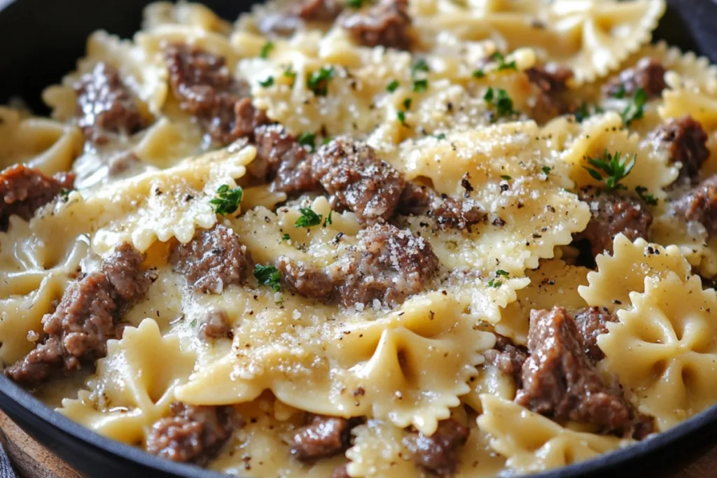 Cheesy Beef and Bowtie Pasta in Garlic Butter